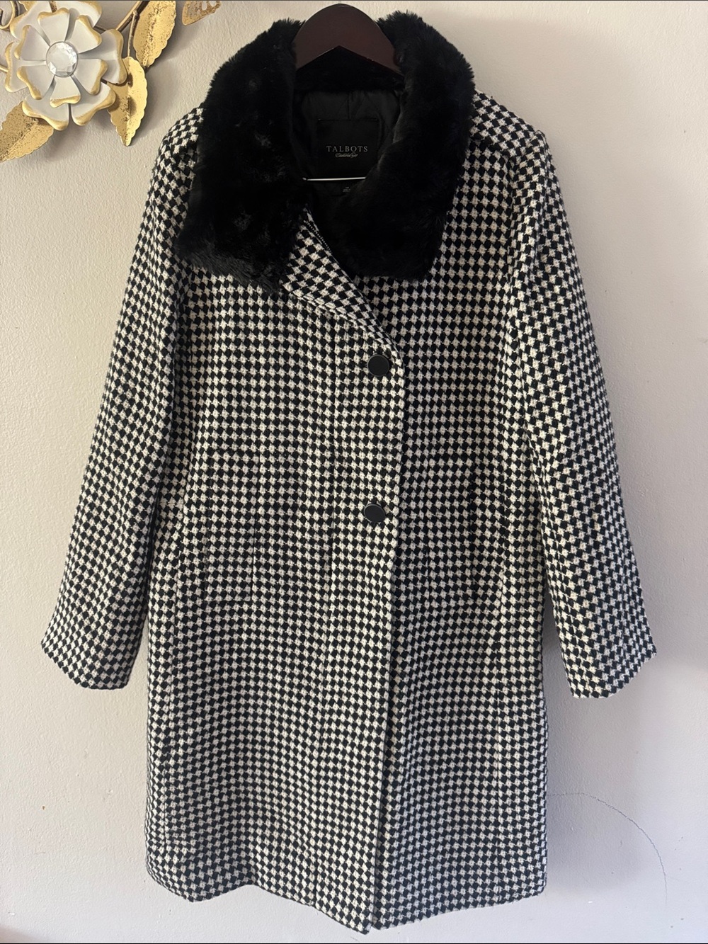 Talbots Black and White Houndstooth Pea Coat with Faux Fur Collar